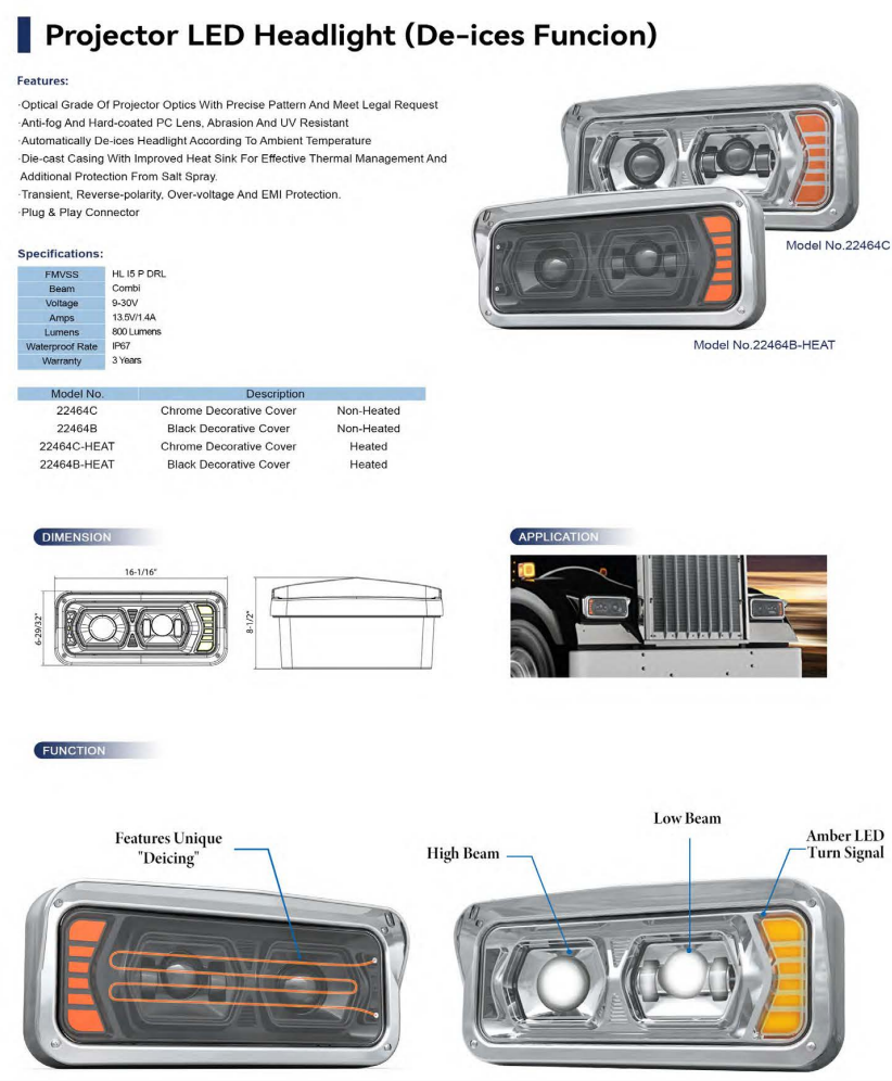 LED Projector Headlight Assemblies with De-Icing Technology - Peterbilt, Kenworth, Freightliner, Western Star, International