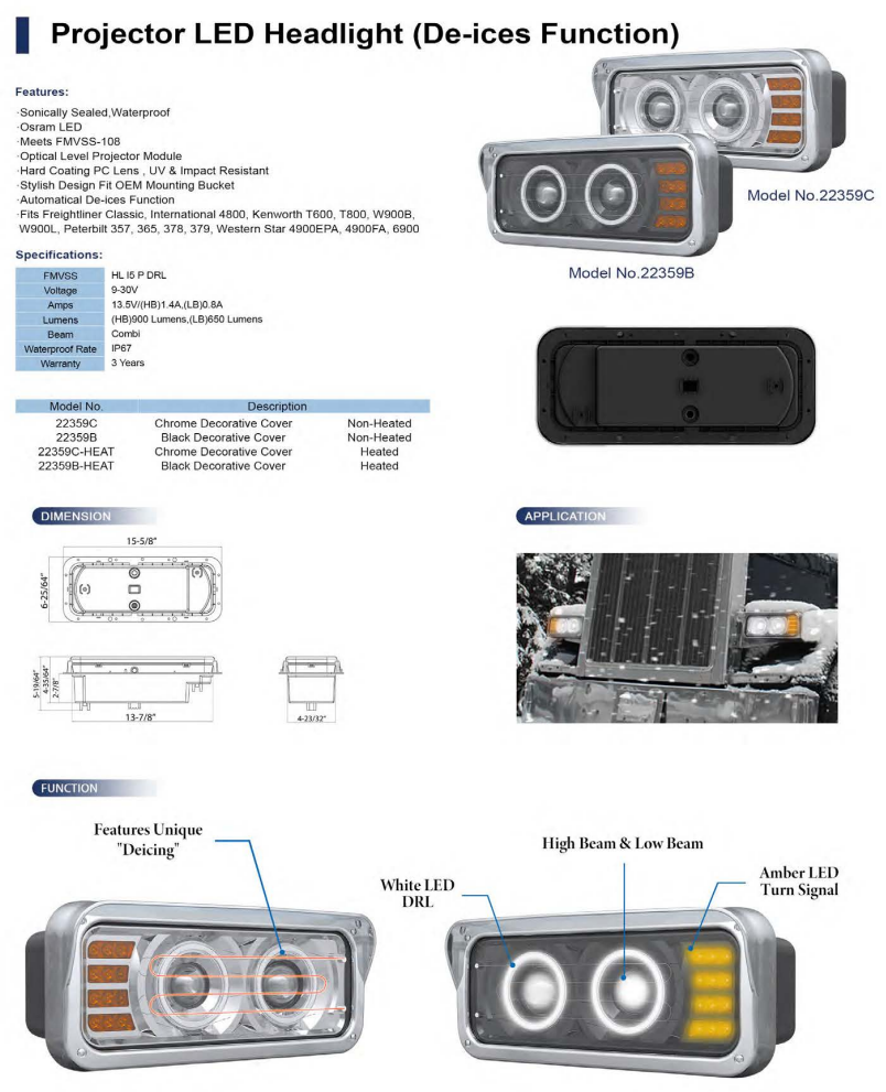 LED Projector Headlight Assemblies with De-Icing Technology - Peterbilt, Kenworth, Freightliner, Western Star, International
